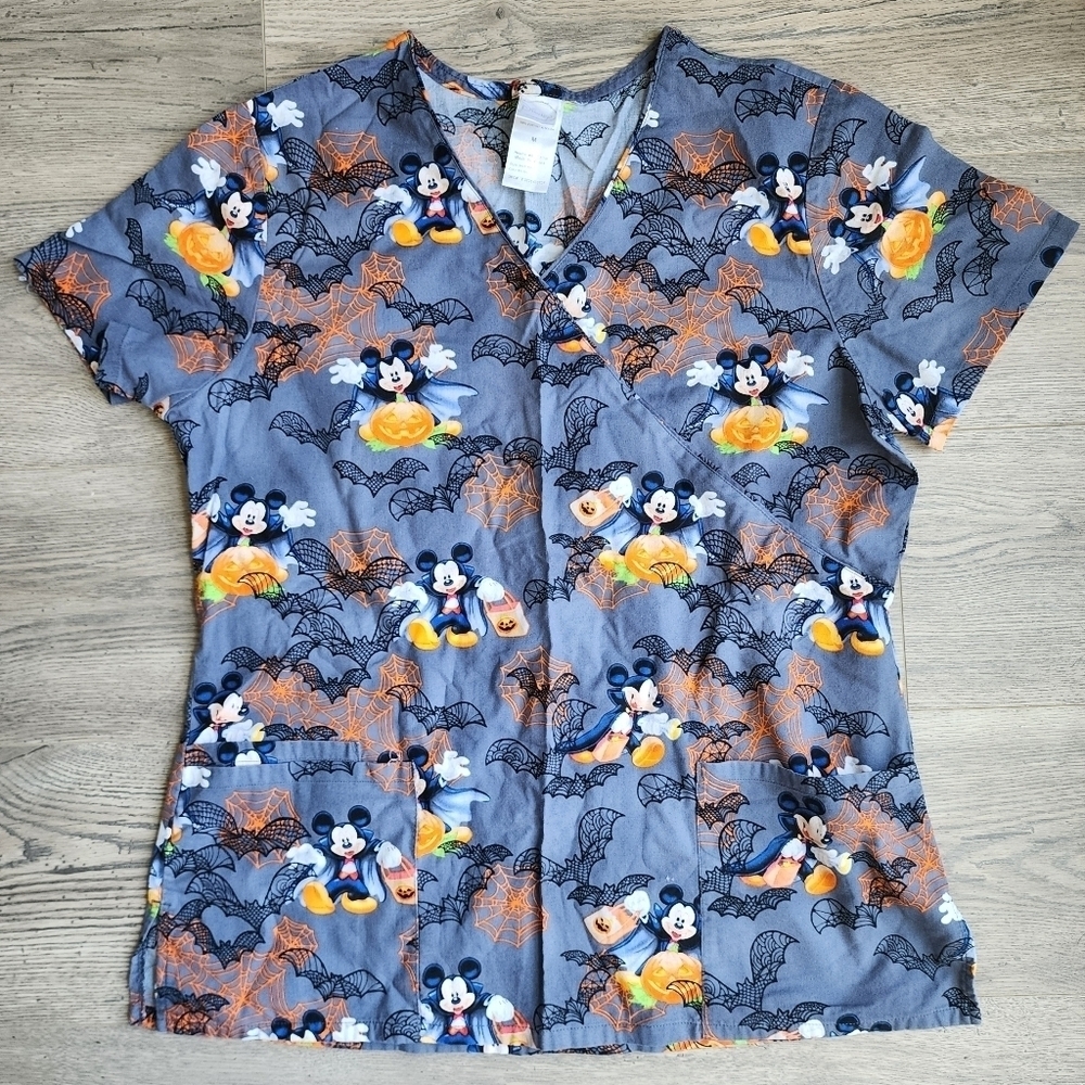 Disney Scrub Top Halloween Vampire Mickey Mouse Women's Medium M Grey Tie Back